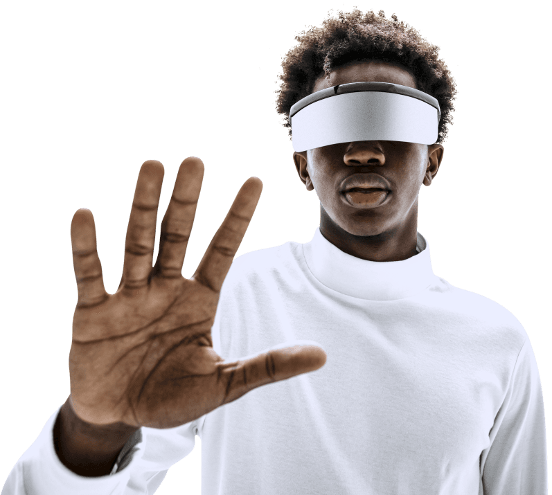 image of man wearing smart glasses touching virtual screen 